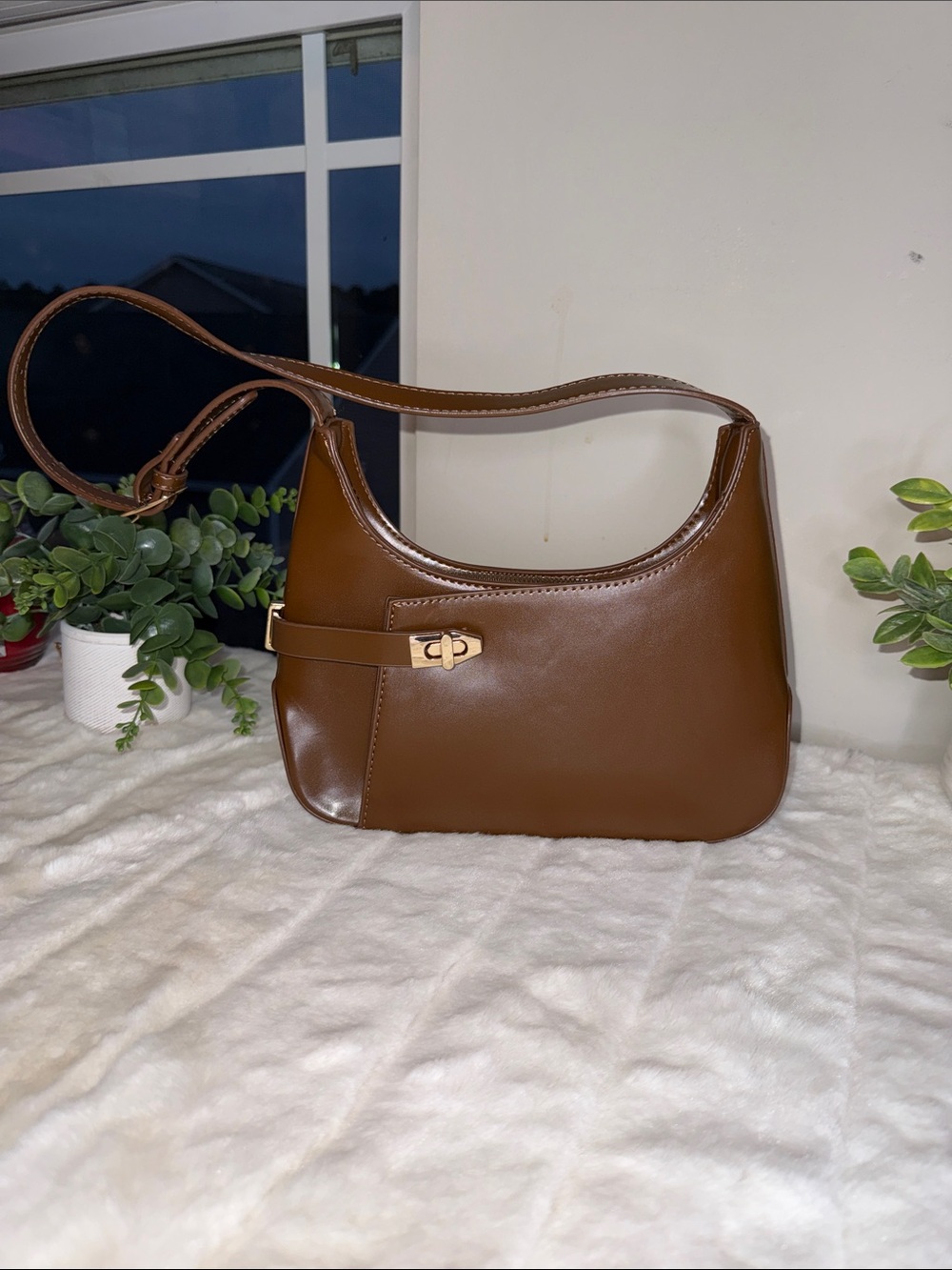 8 Other Reasons Brown Leather Shoulder Bag with Gold Tone Hardware